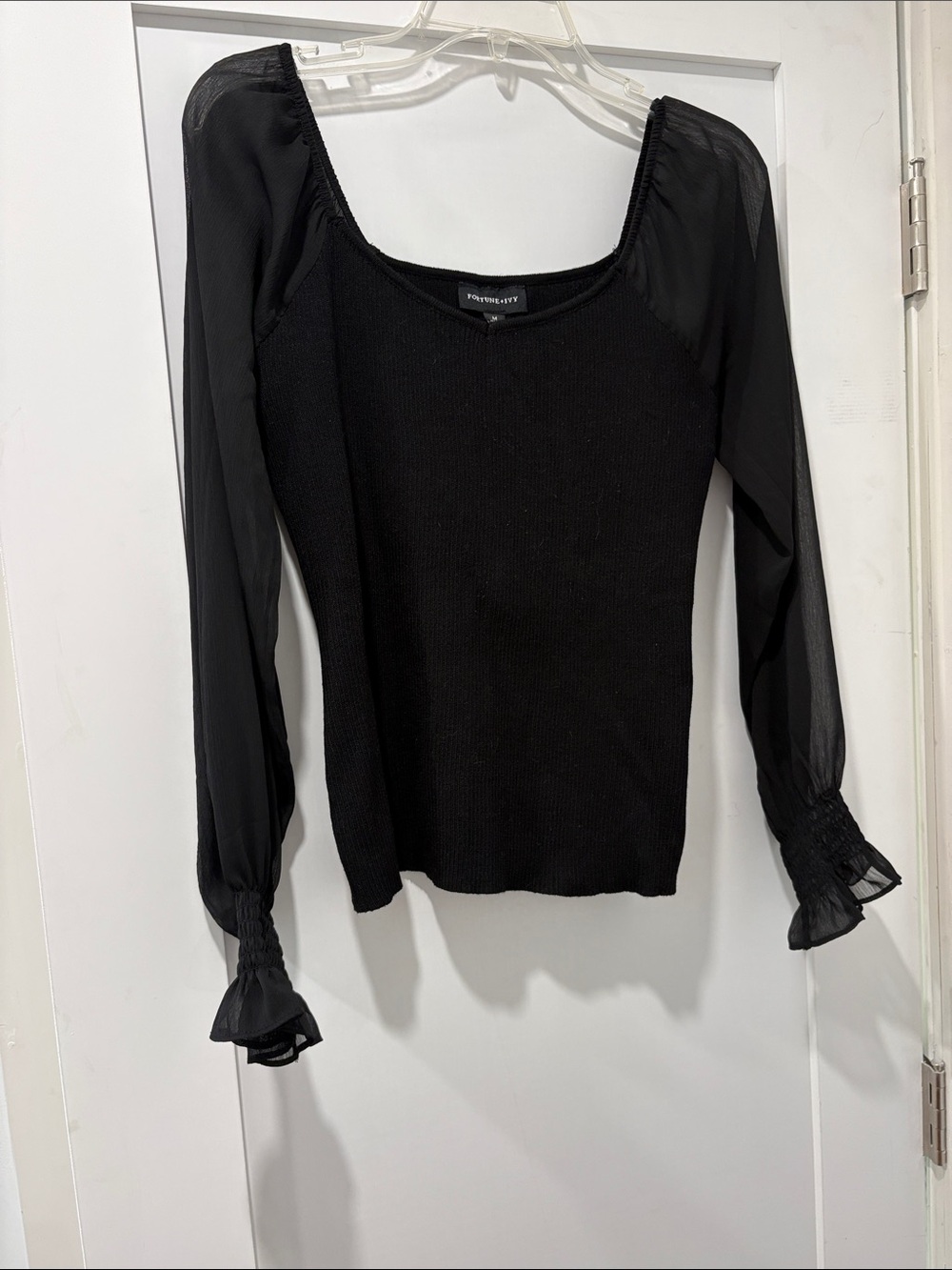 Black Square Neck Mesh Sleeve Top